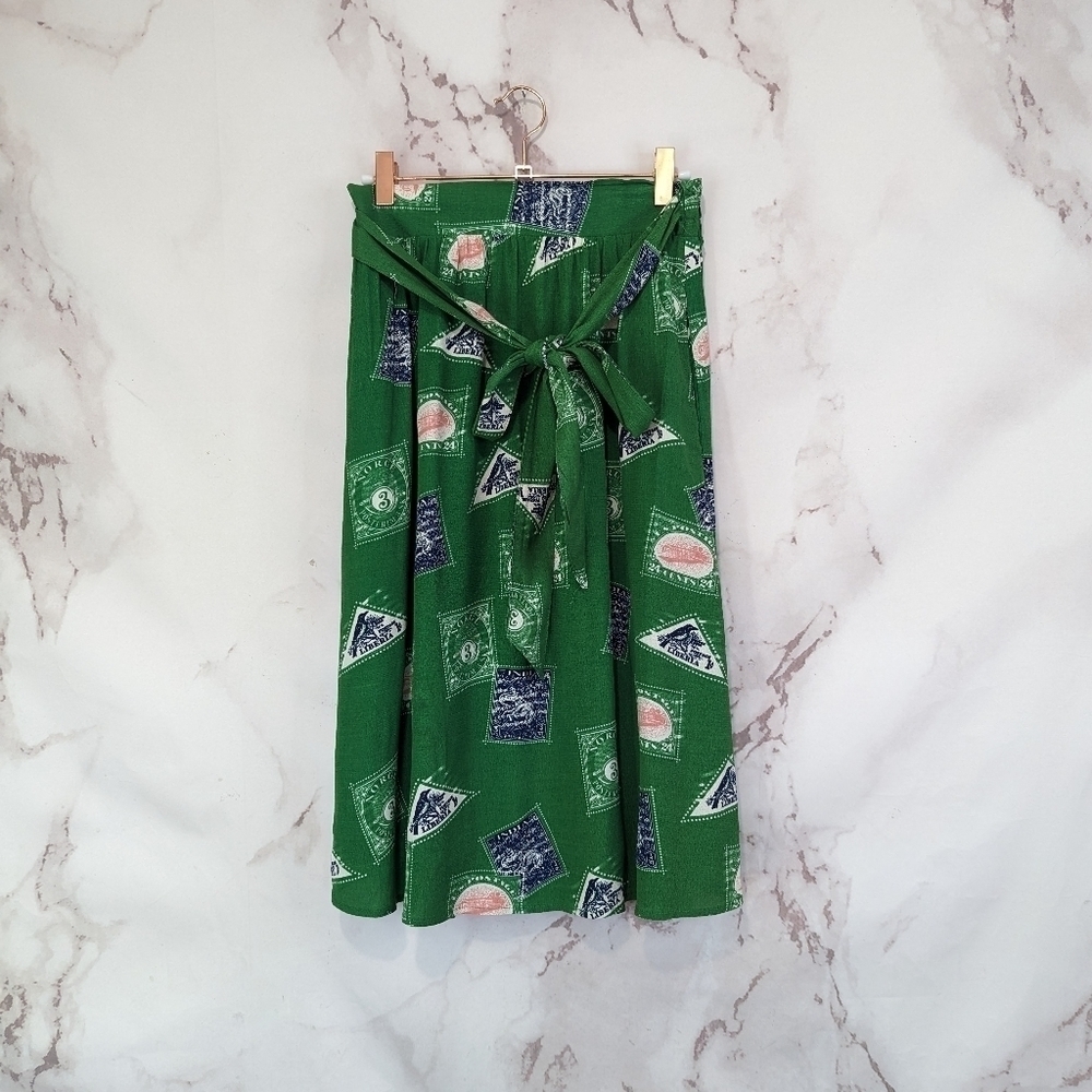 Anthropologie Porridge Midi Skirt Women XS Getaway Green Postage Stamp Bird